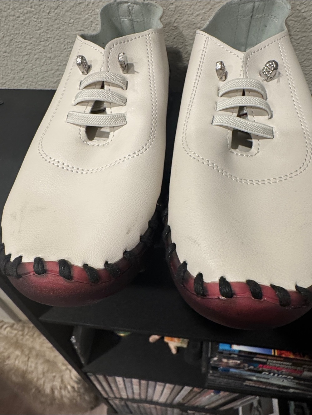 White Leather Slip-On Shoes with Red-Accented Sole